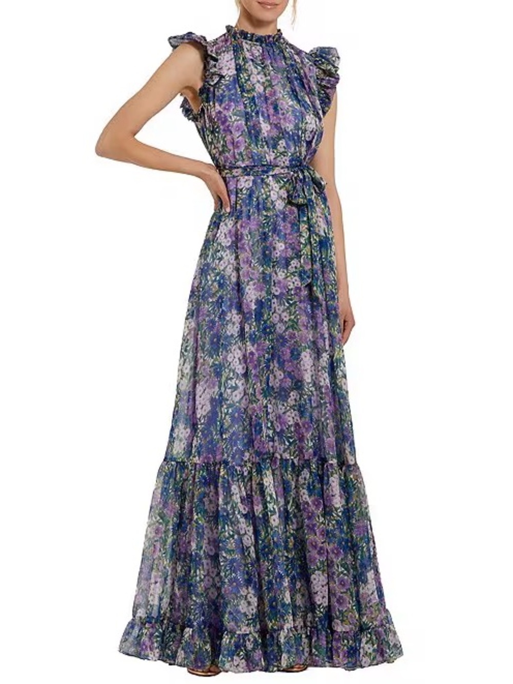 Mac Duggal Dress Size 10 Floral Garden Flowy Ruffle Chiffon Maxi